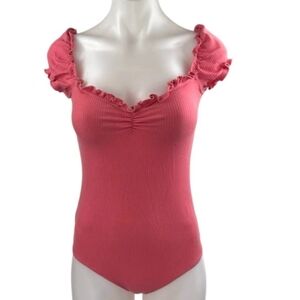 Reformation Coral Pink Ruffled Square-Neck Ribbed Bodysuit Size Large